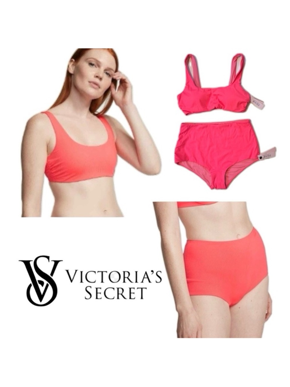Victoria's Secret Coral Blaze Ribbed Bikini Swim Set Small